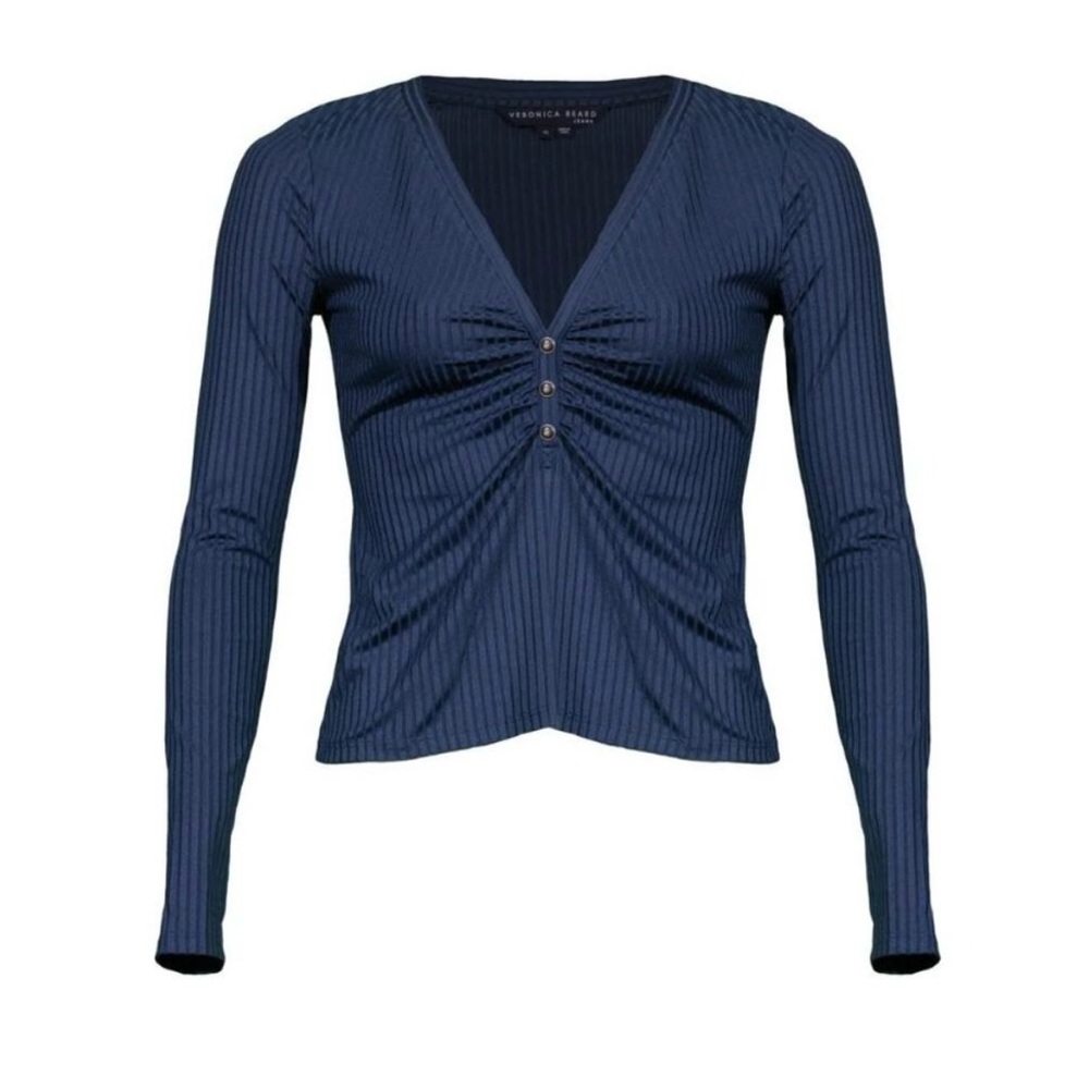 NWT! Veronica Beard Murray rib ruched henley top. Size large. Marine blue.